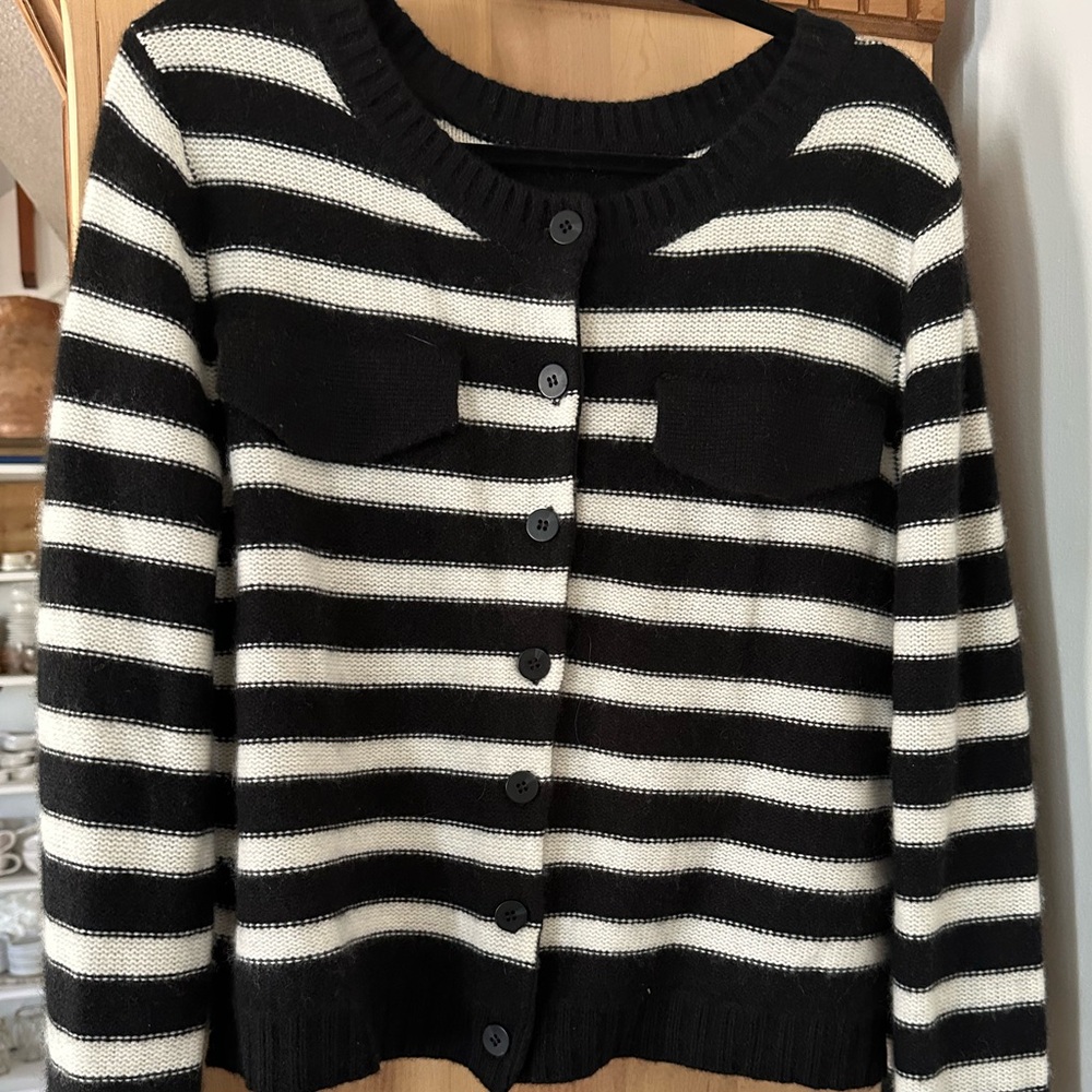 Maeve Cashmere Black and White Striped Cardigan